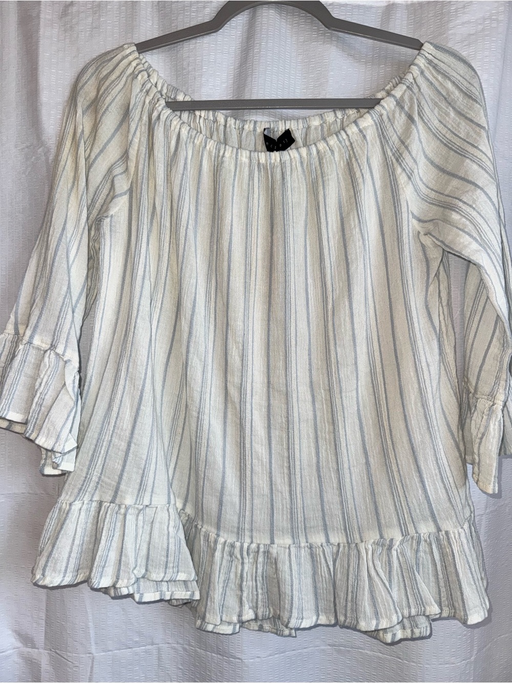 Sanctuary Cream & Light Blue Stripe Gauze Top with Ruffle Hem